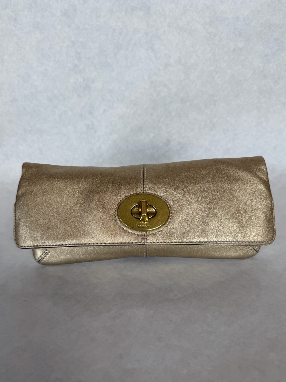 Coach Large Turnlock Clutch in  Metallic Leather Gold